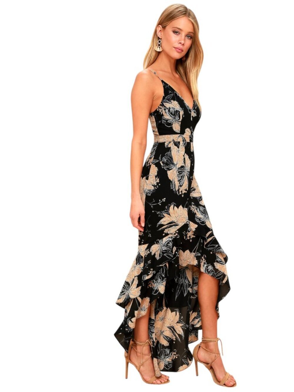 Lulus Darling Daylily Black Floral Ruffle Hi Low Hem Maxi Dress - Picture 3 of 12